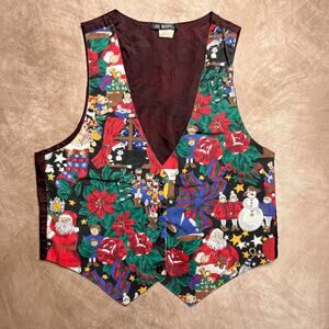 Vintage 90s 111 Main Holiday Christmas Santa Cat Vest Multicolor Floral Snowman